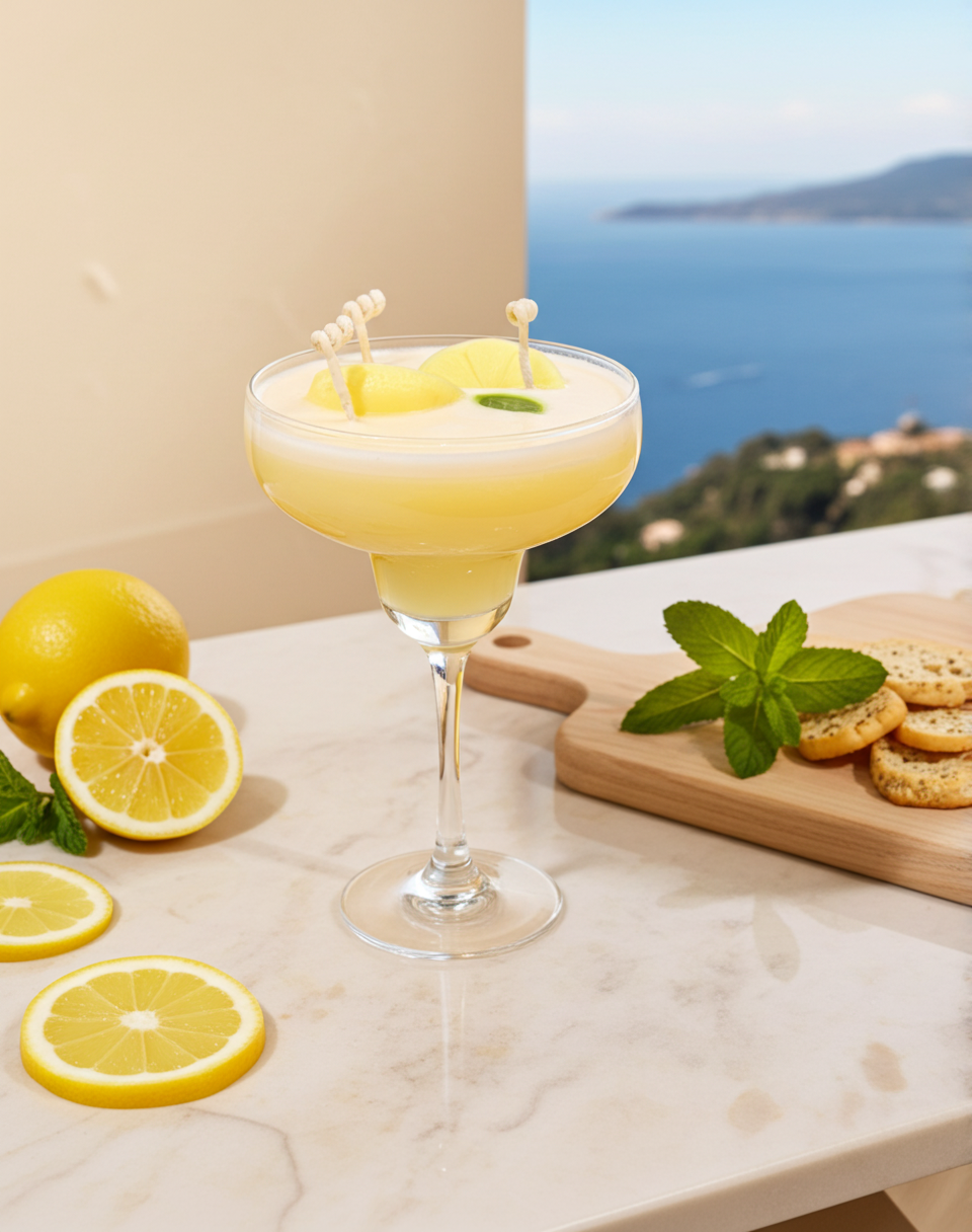 Cocktail with lemon slices and mint leaves on a table with a scenic background