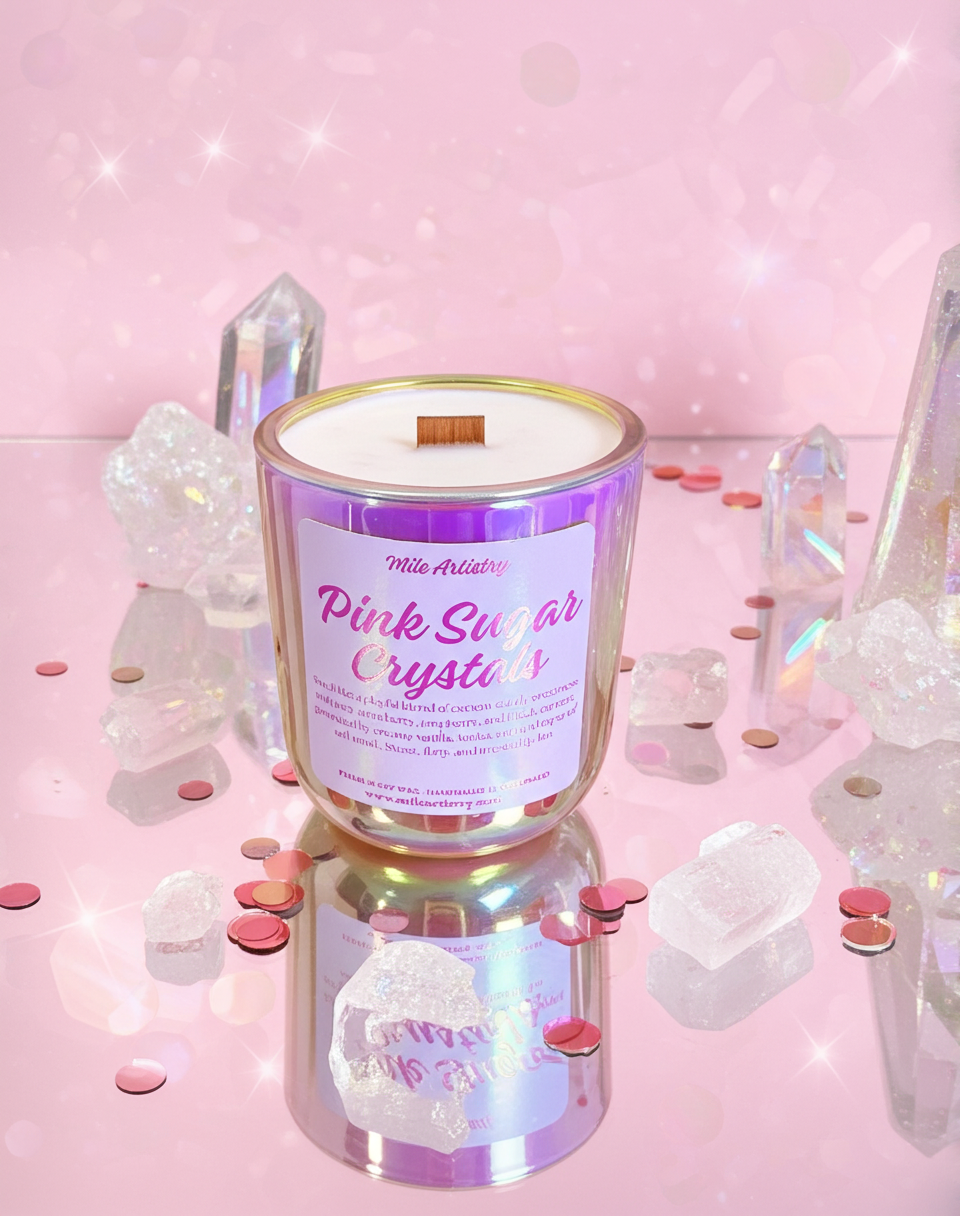 Candle labeled 'Pink Sugar Crystals' with crystals and pink background