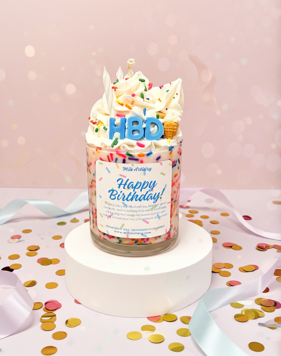 Birthday cake-shaped product with 'HBO' candles on a pink background