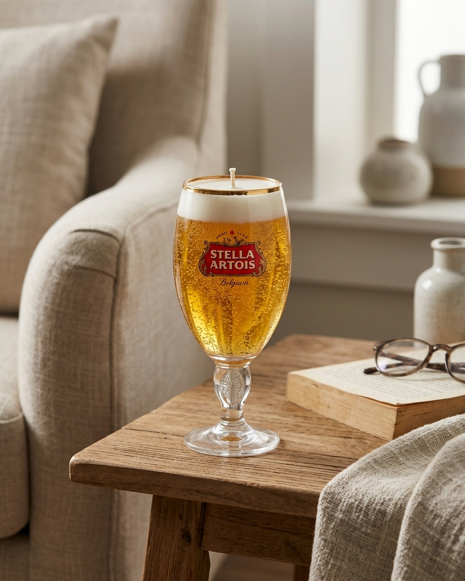 Stella Artois beer glass on a wooden table with a cozy living room background