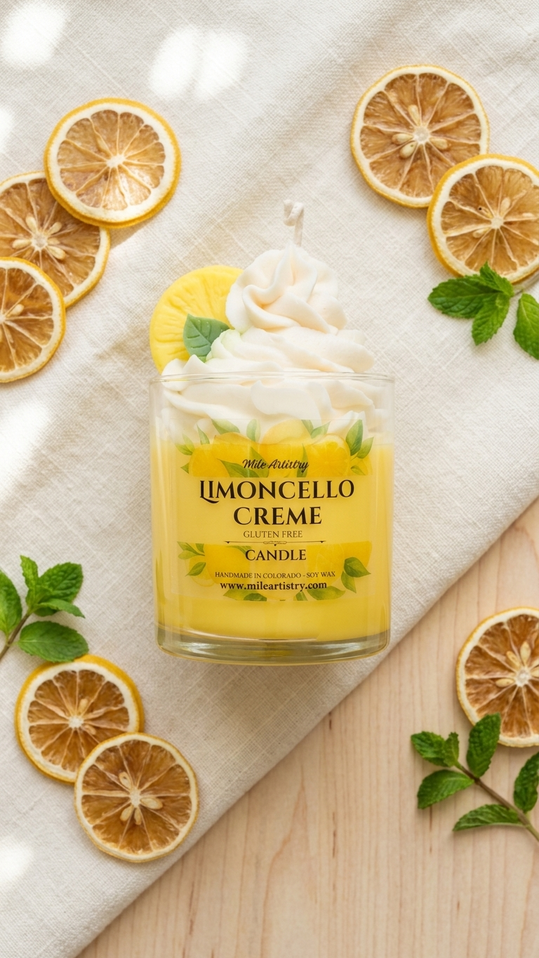 Limoncello crème candle with lemon slices and mint leaves on a wooden surface