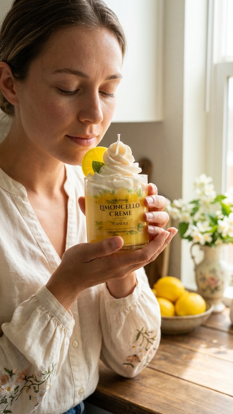 Woman holding a container of 'Unicole Creme' with lemons and flowers in the background