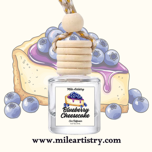 Car air freshener with blueberry cheesecake design and Mile Artistry branding.