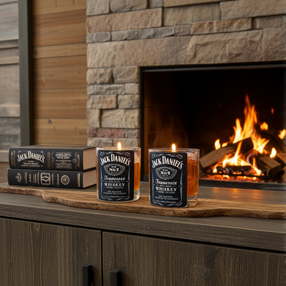 Two Jack Daniel's bottles and a glass on a wooden surface in front of a fireplace.