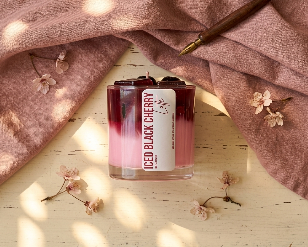 Candle labeled 'ICED BLACK CHERRY' on a wooden surface with pink fabric and flowers.