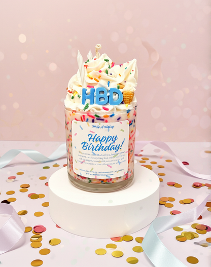 Birthday cake-shaped product with 'HBO' candles on a pink background