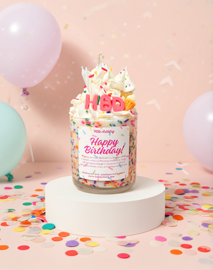 Birthday-themed candle with sprinkles and 'Happy Birthday!' text on a pink background with balloons and confetti.