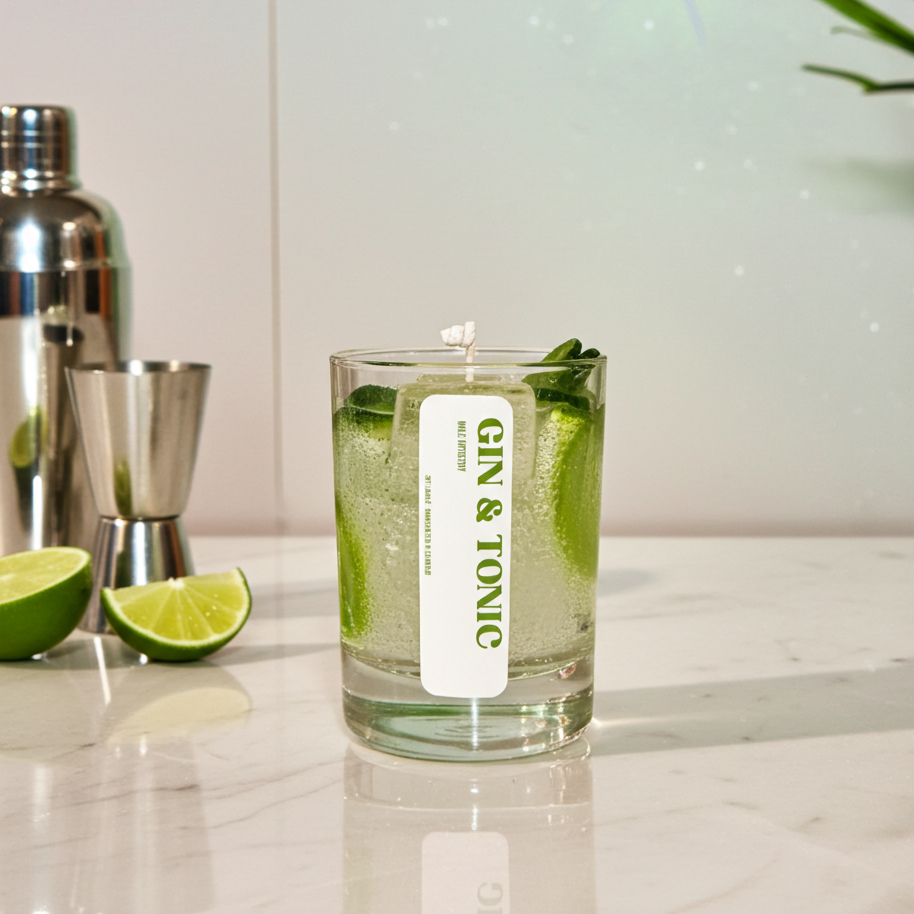 Candle labeled 'Gin & Tonic' with lime slices on a marble surface, surrounded by cocktail-making tools.
