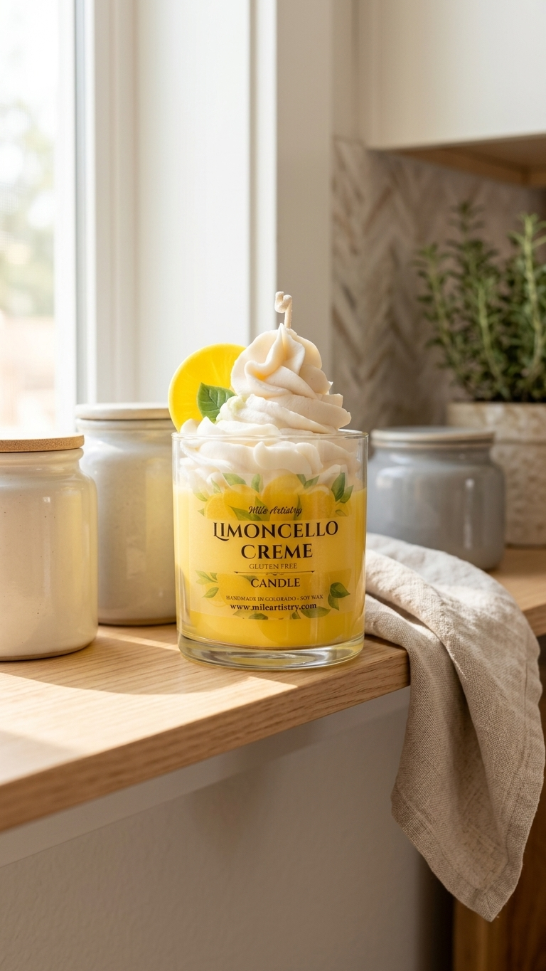 Jar of limoncello crème with whipped cream on a wooden surface