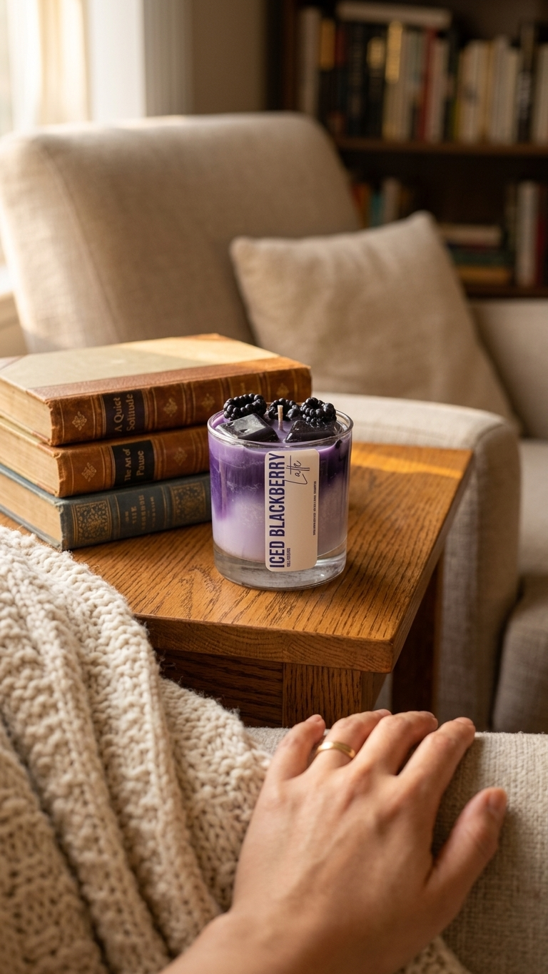 Candle labeled 'Black Raspberry' on a wooden table with books and a cozy blanket in a living room setting.